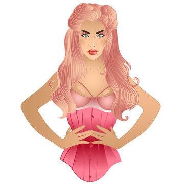 beautiful vector illustration of a girl in the style of pin-up 30's with corset.