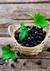 fresh blackcurrant in to the basket . style rustic. selective focus.