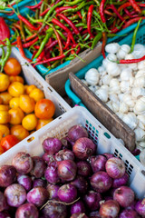 Pepper, onion and garlic in market