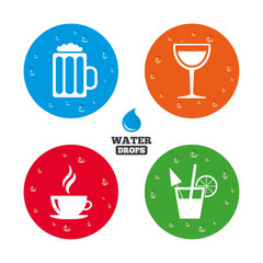 Drinks signs. Coffee cup, glass of beer icons.