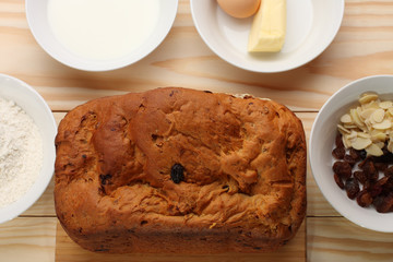 Sweet bread  with raisins and almonds,flour, butter,egg, milk