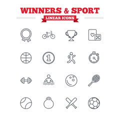 Winners and sport linear icons set. Thin outline signs. Vector