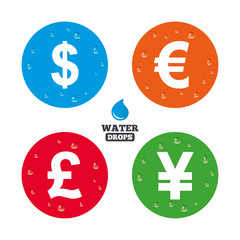 Dollar, Euro, Pound and Yen currency icons.