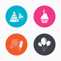 Birthday party. Cake, balloon, hat and fireworks