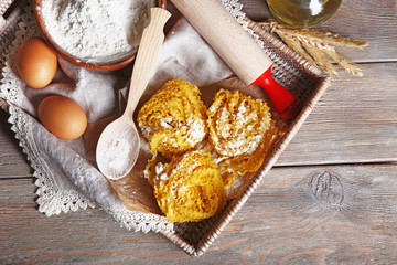 Still life of preparing pasta on rustic wooden background