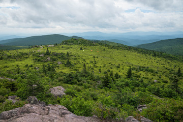 Obraz premium A panoramic view of Grayson Highlands State Park from the top of the hill. In the distance our camp site is set up for us so when we are done with our hike we can relax. 