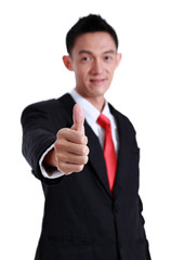 young business man going thumb up, isolated on white