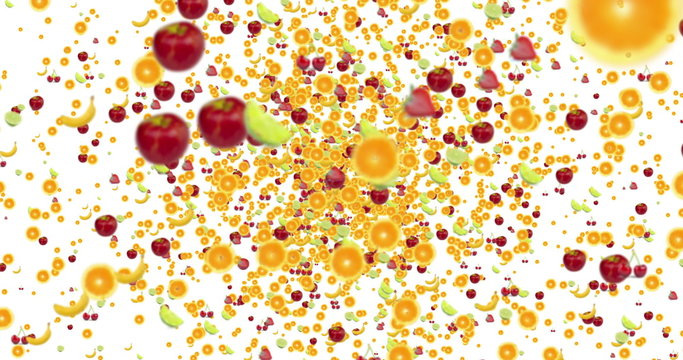 digital fruits flying in vortex on white background with fade out, loop seamless. 4K and 1080 resolution. diet and nutrition concept
