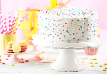 Fototapeta na wymiar Birthday decorated cake on colorful background