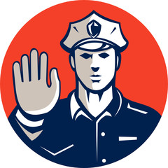 Traffic Policeman Hand Stop Sign Circle Retro