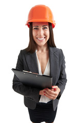 wide angle portrait of smiley woman