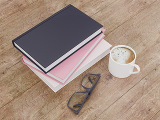 Empty color book mockup template on wood background