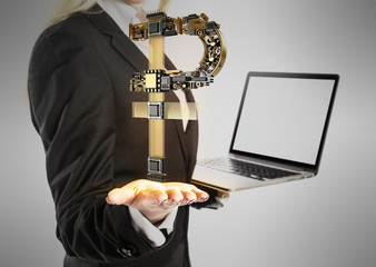 Young businesswoman with laptop and ruble money sign in hand