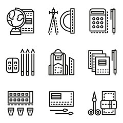 School accessories flat line icons