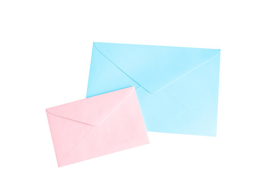 Pink and blue envelope isolate on white with clipping path