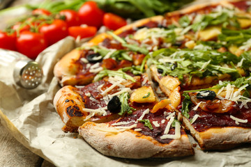 Tasty pizza on table close up