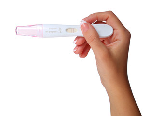 hand holding pregnancy test positive. in her hand. Woman is hold