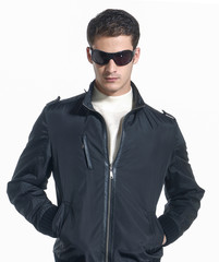 young man in lather jacket with sunglasses