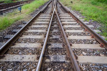 Fototapeta na wymiar railroad tracks with railroad switch, two paths come together