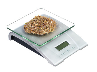 food scale with herbs electronic and digital isolated on white b