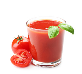 Glass of fresh tomato juice isolated on white