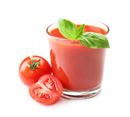 Glass of fresh tomato juice isolated on white