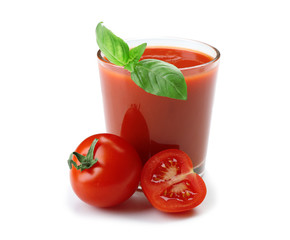 Glass of fresh tomato juice isolated on white
