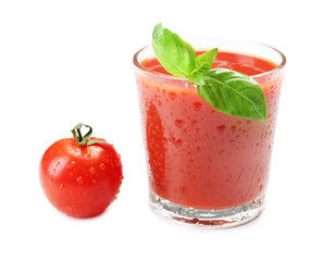 Glass of fresh tomato juice isolated on white