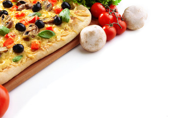 Delicious homemade pizza on white background