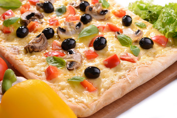 Delicious homemade pizza on white background