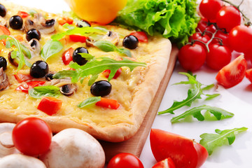 Delicious homemade pizza on white background