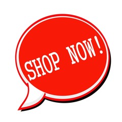 SHOP NOW white stamp text on red Speech Bubble