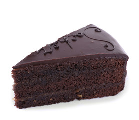 Piece of chocolate cake isolated on white
