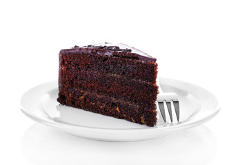 Piece of chocolate cake isolated on white