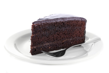 Piece of chocolate cake isolated on white