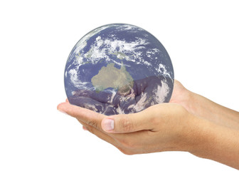 Hands holding world. Elements of this image furnished by NASA