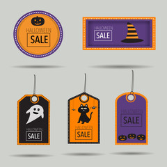 Halloween sale badges with spooky,cat,pumpkin lantern and witch