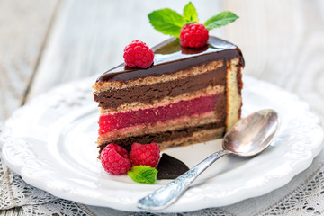 Piece of chocolate cake with raspberry jelly.