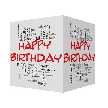 Happy Birthday 3D cube red caps Word Cloud Concept