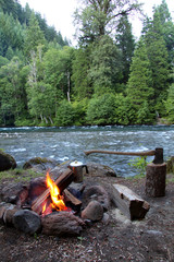 campfire with axe wood river and coffee pot