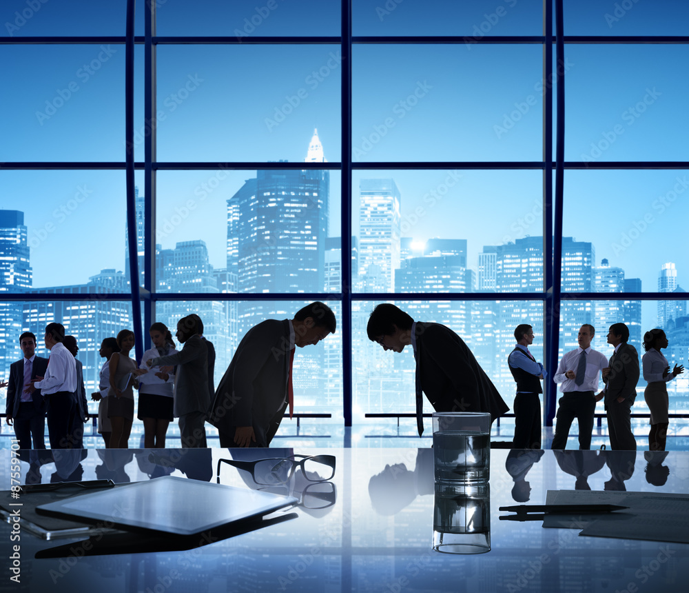Wall mural business people bowing discussion communication cityscape meetin - Wall murals