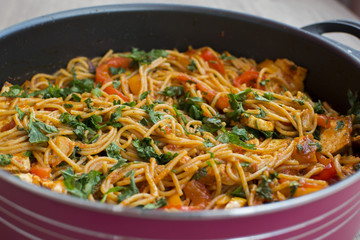 Vegan spaghetti with tofu and pepper delicious