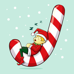 Christmas Elf Sleeping on Candy Cane