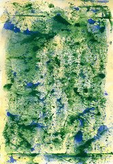 Watercolor abstract background with yellow, green, blue spotted and strokes.