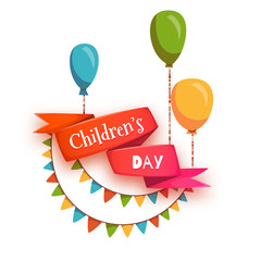 Red ribbon with Children Day title, balloons and flags. Vector