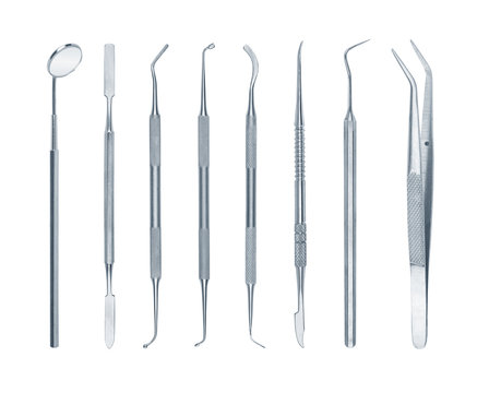 Dentist Tools Close Up on White Hospital Desk Background Stock