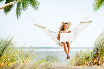 Woman Relaxation Beach Working Enjoyment Concept