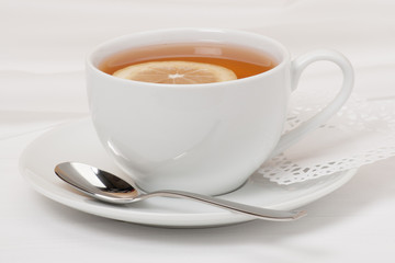 Tea With Lemon Slice In White Cup