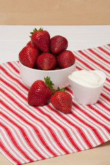 Fresh Strawberries With Sweet Cream. Natural Cotton Napkin
