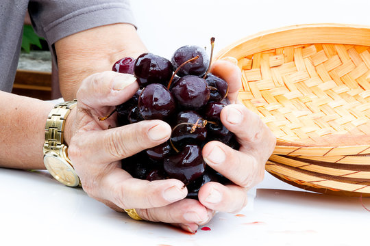 ripen cherries in hands on the table